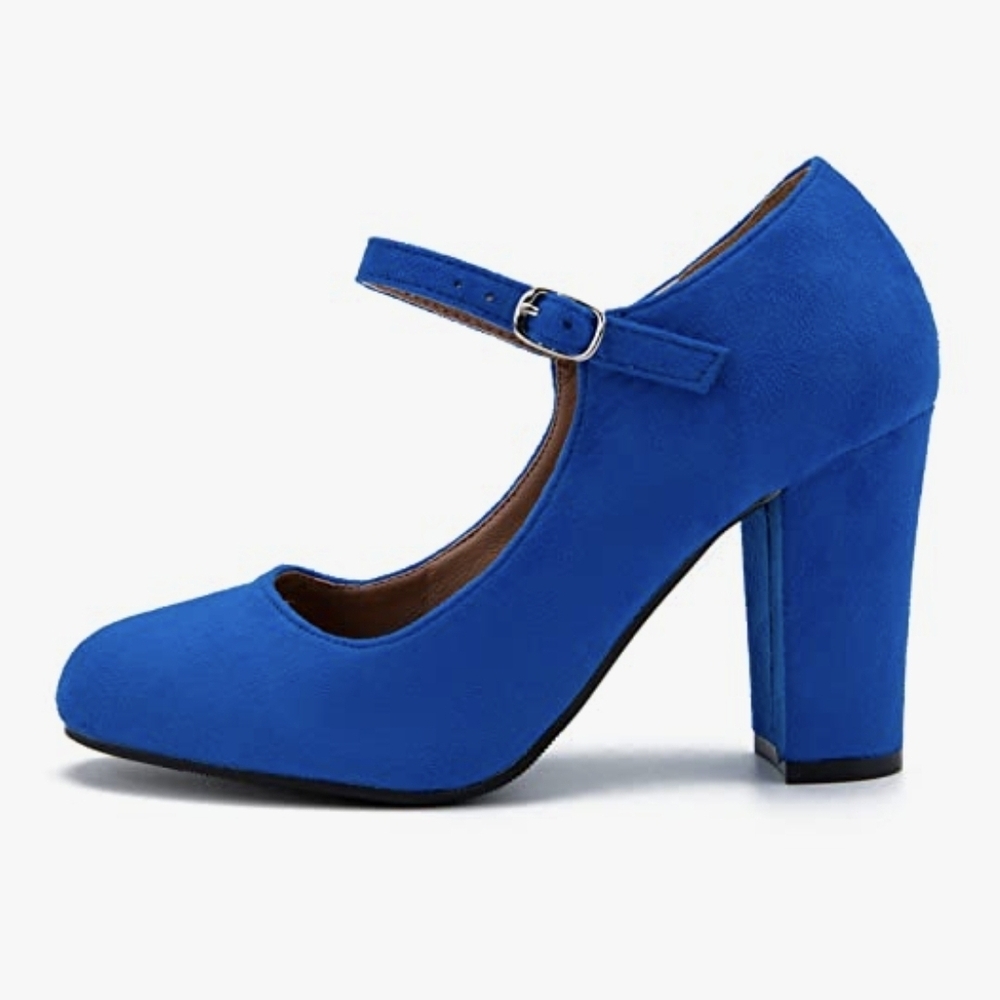 Blue Closed Round Toe Block Chunky High Heel Mary Jane Pumps